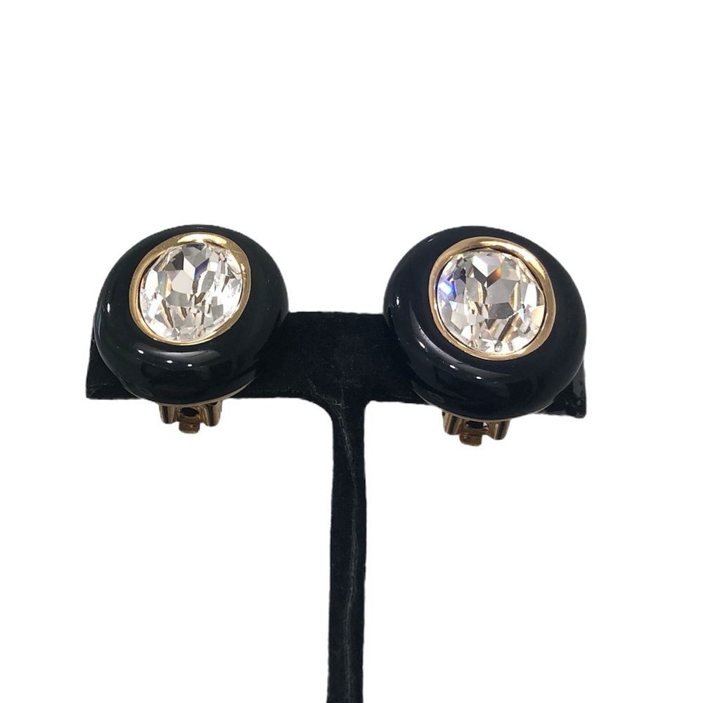 CHRISTIAN DIOR BLACK ENAMEL & FACETED CRYSTAL OVAL CLIP ON EARRINGS - Picture 6 of 16